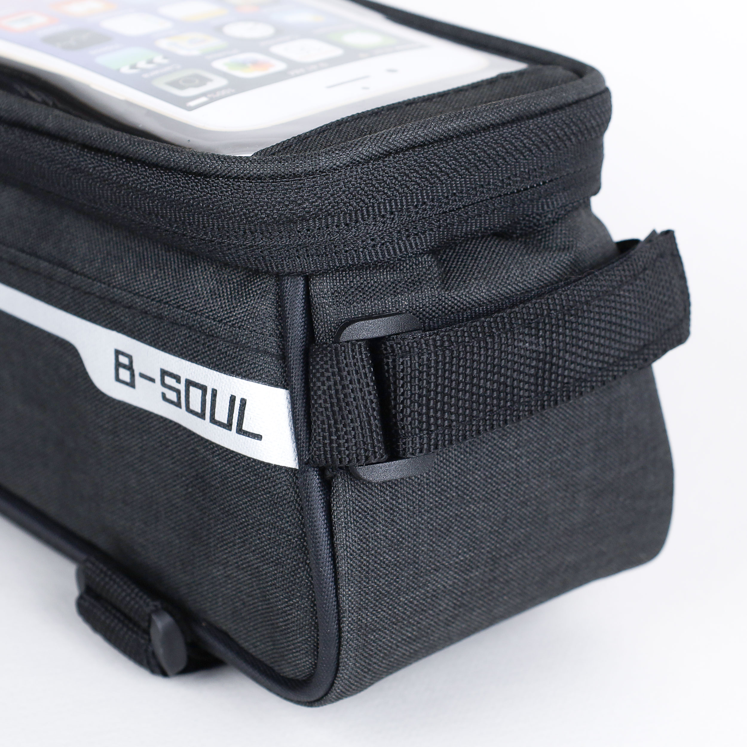 Сумка велосипедная на раму BICYCLE SOUL, с отделением для смартфона 6.0", основной отсек на молнии, черная, 21x10.5x9см. /уп 50/