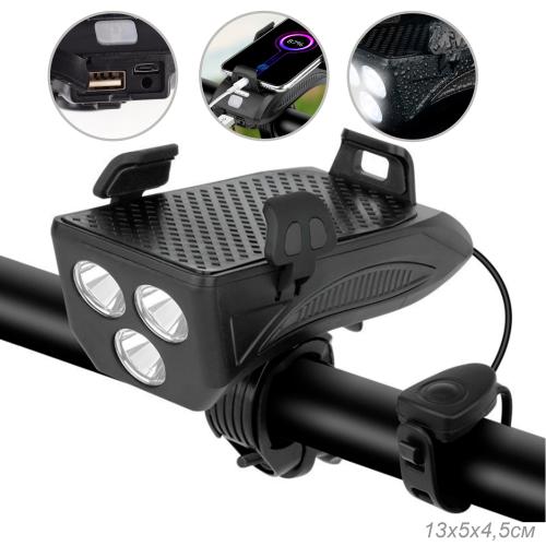 Фонарь передний COMIRON "HOLDER" ABS, IPX5; 3*T6 LED, 400lm 4800mAh USB индикатор заряда POWER BANK сигнал 130Дб крепление смартфона чёрный /уп 20/80/