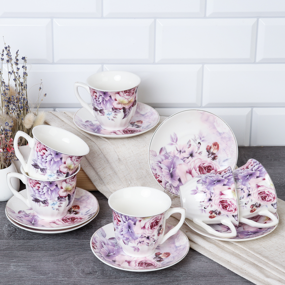 Чайный набор 12 предметов 250 мл АКЦИЯ / TC03-2416-12G /уп 8/ костяной фарфор