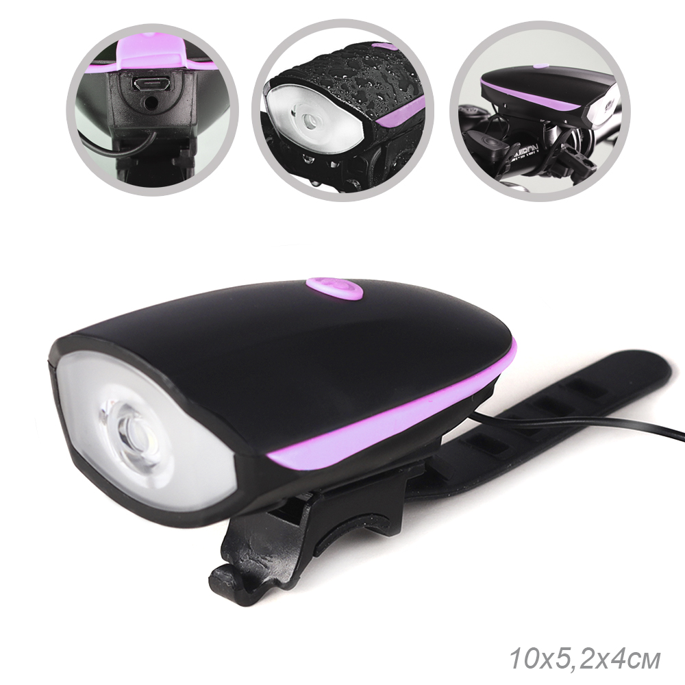 Фонарь передний COMIRON "EASY" корпус: ABS; свет: CREE XPG, 250lm; аккумулятор 1200 mAh, USB, сигнал 140Дб, влагозащищённый, розовый. АКЦИЯ/уп 20/80/