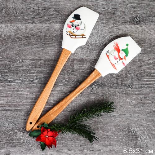 Лопатка кулинарная силиконовая 31х6,5 см с деревянной ручкой / H-211 /уп 130/ Новогодняя/ 0,071/ 0,044