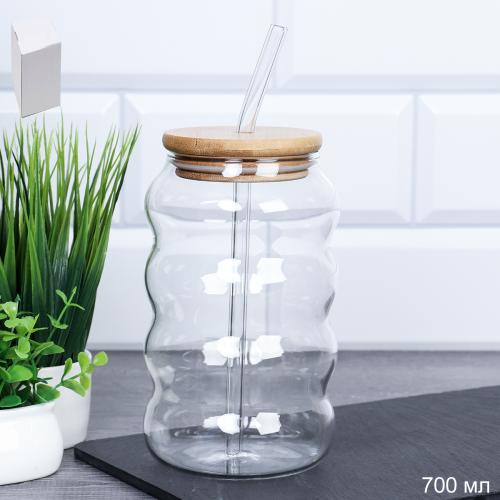 Банка стакан для смузи с трубочкой бамбуковая крышка 700 мл / LCWB10223 /уп 88/