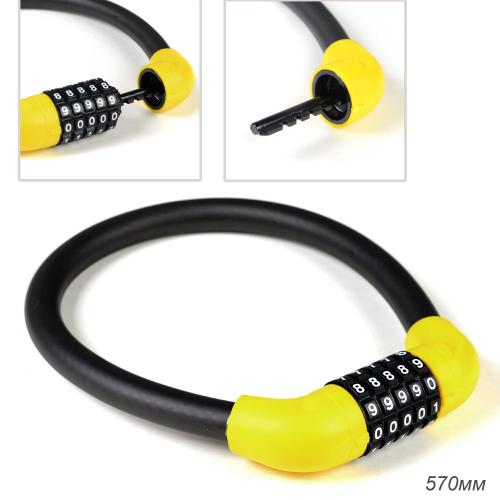Замок тросовый кодовый R-LOCK BIG03, 5 разрядов, 570мм, стальной трос антивзлом. плетение, вес 370 гр, жёлтый. /уп 100