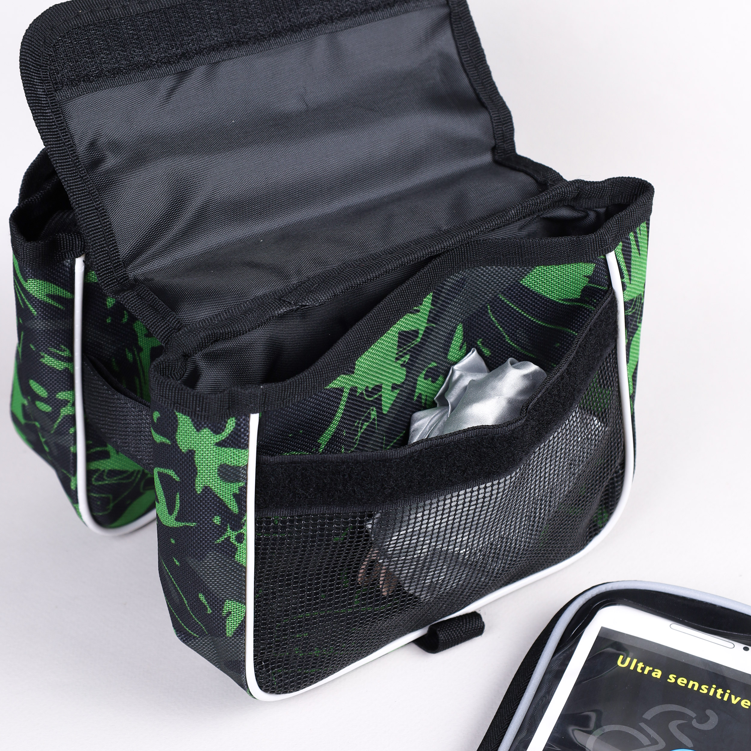 Сумка велосипедная на раму BICYCLE SOUL, с отделением для смартфона, боковые отсеки на липучке. 19*10.5*15см. Зеленый /уп 50/