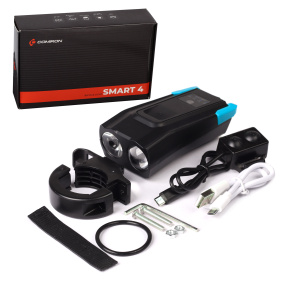Фонарь передний  интеллектуальный COMIRON "SMART2" ABS; свет: 2xT6, 800lm; 2000 mAh, USB; ближний/дальний свет, сигнал 120Дб., 5 режим синий /уп 40/