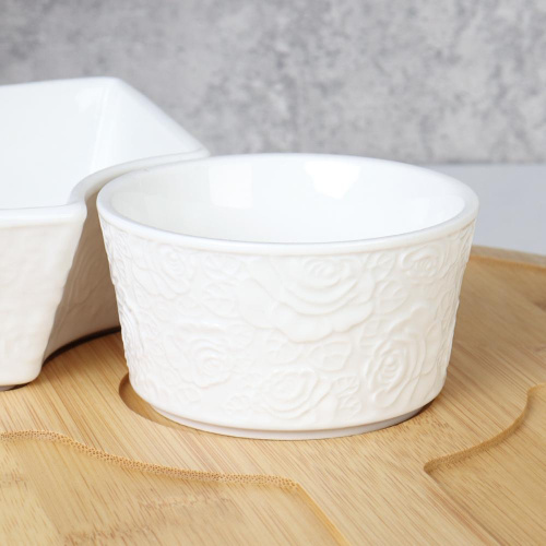 Менажница 5 секций Белые розы / 860026 /уп/ на деревянной крутящейся подставке/ ПРОМО АКЦИЯ