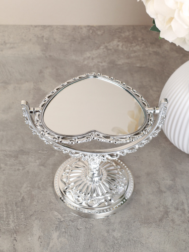 Зеркало настольное ажурное двустороннее 16,5 см сердце / YDW-06 /уп 72/серебро