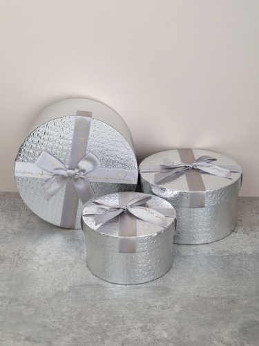 Коробка подарочная круглая 3 штуки 20х20х11 см / 3406-03 /уп 30/серебро
