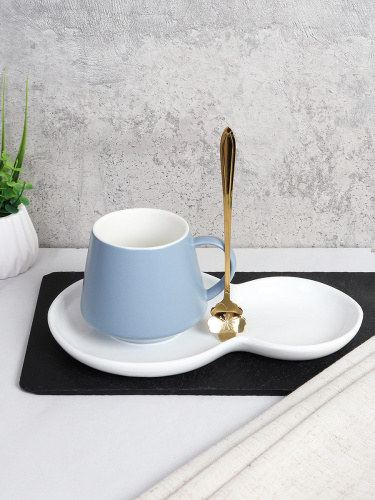 Чайная пара 3 предмета 250 мл с ложкой / FED-119 / Голубая