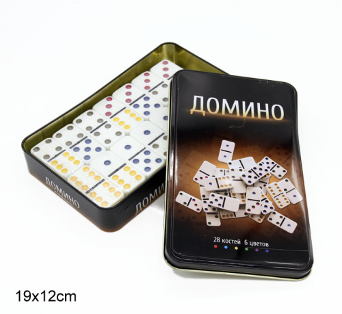 Домино пластиковые фишки в металлической коробке 19,5x12х3,5 см / 5010FR /уп 24/