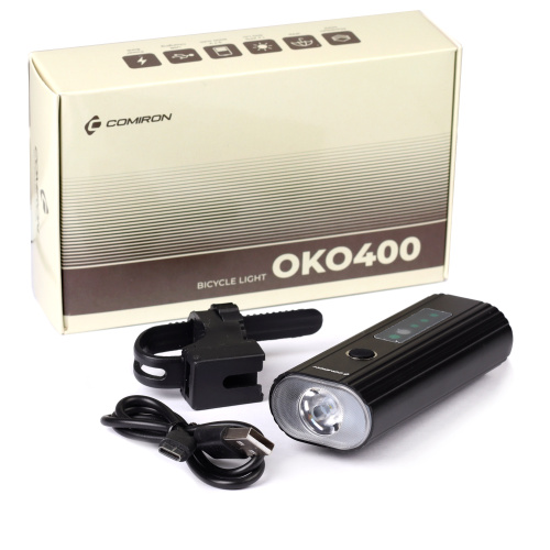 Фонарь передний COMIRON "OKO400" корпус: авиационный алюминий 6063, IP67; свет: 1 XPG, 400lm; аккум: 3.7V 4000 mAh, USB; POWER BANK. /уп 25/50/