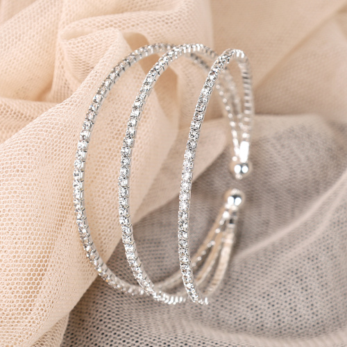 Браслет со стразами многослойный 3 ряда / 306-6002 /уп 24/серебро