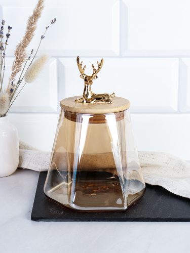 Банка для сыпучих бамбуковая крышка с фигуркой 800 мл 13х11 см / 9860 /уп 48/ новогодняя