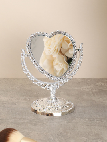 Зеркало настольное ажурное двустороннее 16,5 см сердце / YDW-06 /уп 72/серебро
