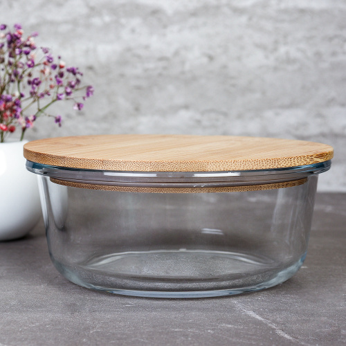 Контейнер круглый крышка бамбук 620 мл стекло / L-115 /уп 36/