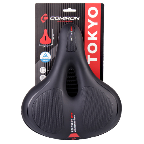 Седло велосипедное комфортное COMIRON TOKYO C012 265x220, Технологии: ED, MEMORY FOAM, Верх: PU с пресс. принтом, Цвет: Чёрный+Красный/ АКЦИЯ /уп 20/