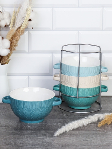 Супница с ручками 4 штуки на подставке / 20058 /уп 6/ Морская волна