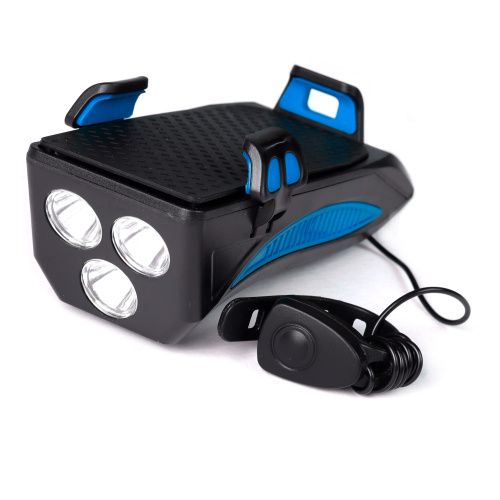 Фонарь передний COMIRON "HOLDER" ABS, IPX5; 3*T6 LED, 400lm; 4800mAh USB индикатор заряда POWER BANK сигнал 130Дб крепление смартфона синий /уп 20/80/