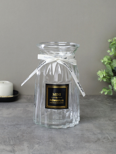 Ваза для цветов 18 см прозрачная с лентой этикетка / WRD-141 /уп 30/ без и/уп