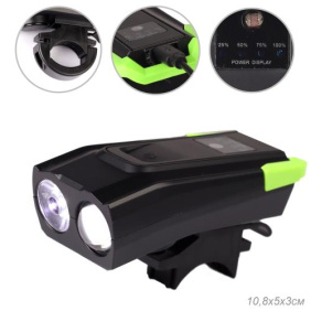 Фонарь передний  интеллектуальный COMIRON "SMART2" ABS; свет: 2xT6, 800lm 2000 mAh, USB; ближний/дальний свет, сигнал 120Дб 5 режим, зелёный /уп 40/