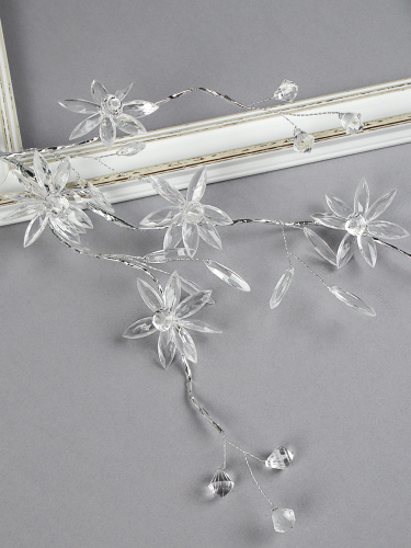 Ветка декоративная стеклярус 68 см 5 цветков / SA15807 /уп 360/серебро