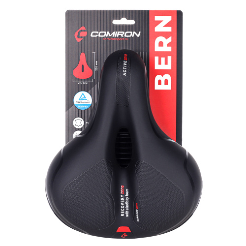 Седло велосипедное комфортное COMIRON BERN N669A 255x210, Технологии: ED, Эластомер, Верх: PU с пресс. принтом, Цвет: Чёрный+Красный/ АКЦИЯ /уп 20/