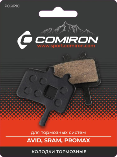 Колодки тормозные органические COMIRON RESIN P06/P10, для тормозных систем: AVID, SRAM, PROMAX, с пружиной, блистер 2 шт. /уп 50/200/