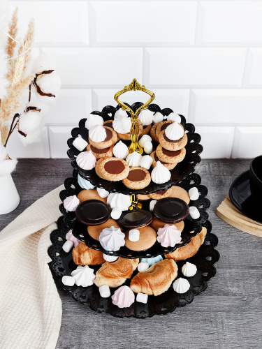 Ваза для фруктов 3-х ярусная 18/22/27 Круг черная / D-1260 /уп 80/ Пластик