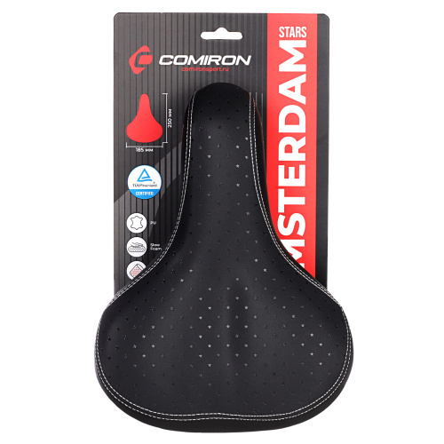Седло велосипедное комфортное COMIRON AMSTERDAM STARS N619 250x185, Технологии: DW, ED, Эластомер, Верх: PU, Цвет: Чёрные звёзды /уп 20/