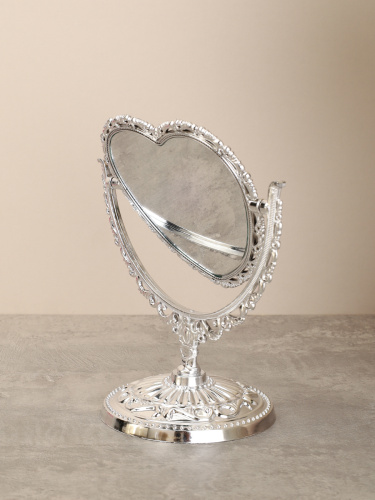 Зеркало настольное ажурное двустороннее 16,5 см сердце / YDW-06 /уп 72/серебро