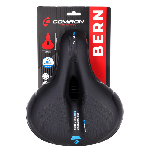 Седло велосипедное комфортное COMIRON BERN N669A 255x210, Технологии: ED, Эластомер, Верх: PU с пресс. принтом, Цвет: Чёрный+Синий/ АКЦИЯ /уп 20/
