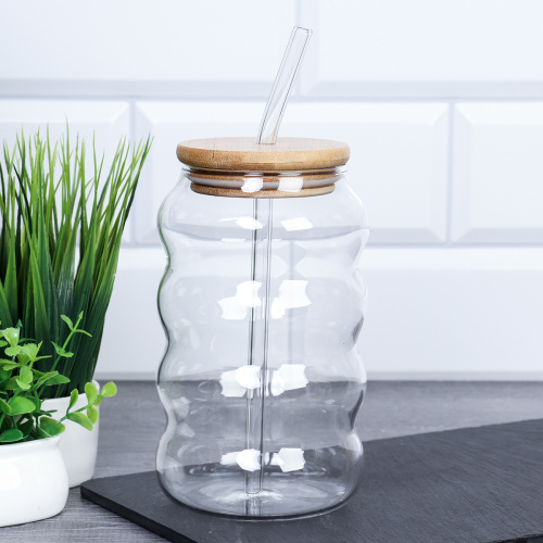 Банка стакан для смузи с трубочкой бамбуковая крышка 700 мл / LCWB10223 /уп 88/
