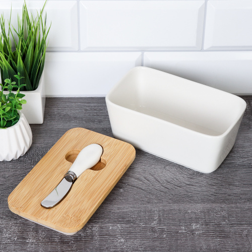 Масленка и нож 17х10 см / MN3919 /уп 36/ на деревянной подставке