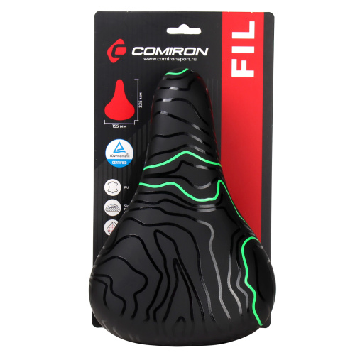 Седло велосипедное детское COMIRON FIL N964G 235x155, Технологии: ED, Верх: PU принтованный, Цвет: Чёрный+Зелёный/уп 40/
