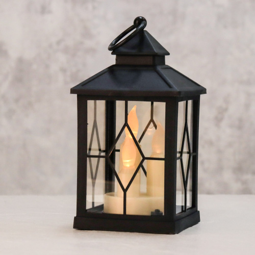 Светильник фонарь настольный Новогодний 20 см черный три свечи / W672-19 /уп 48/от батареек