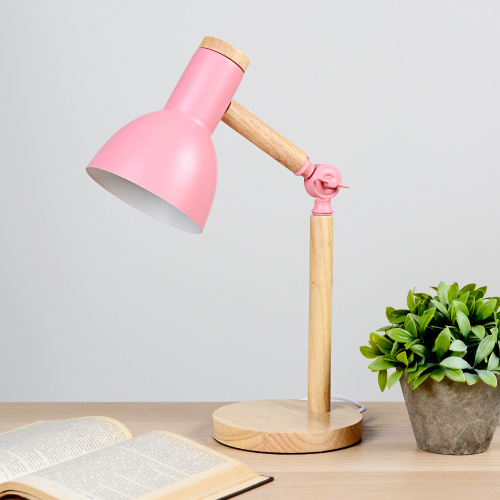 Настольный светильник Розовы плафон Деревянное основание E27 / Размер 220мм*450мм С лампой светодиодной 6Вт Тёплый-нейтральный-холодный /уп 10/