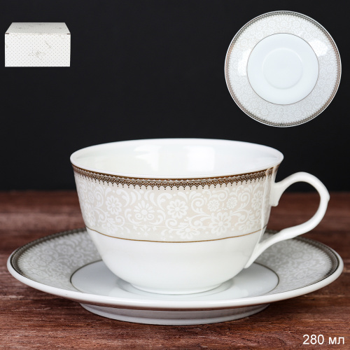 Чайная пара 2 предмета 270 мл тонкостенный Кружево/ LY-2133/ в подарочной упаковке