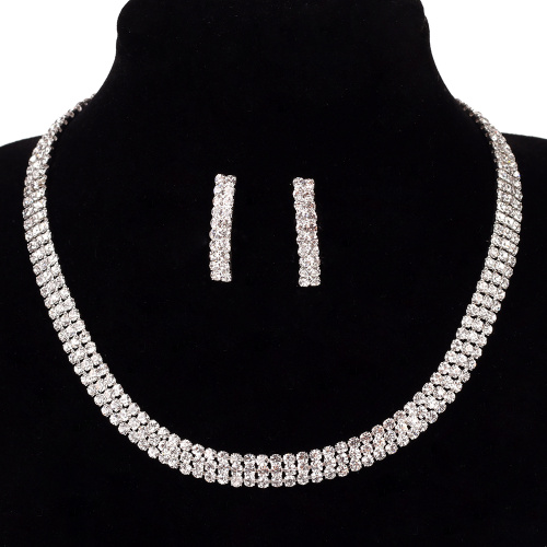 Колье со стразами и серьги гвоздики 2,5 см / 6921 /уп 24/серебро