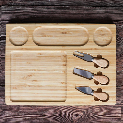 Набор сервировочный для сыра 25х45х3 см / KF-S4 /уп 10/ Бамбук доска 2 ножа и вилка
