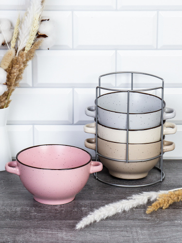 Супница с ручками 4 штуки на подставке / 20055 (уп 6) Крапинка