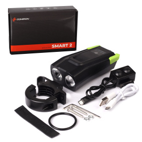 Фонарь передний  интеллектуальный COMIRON "SMART2" ABS; свет: 2xT6, 800lm 2000 mAh, USB; ближний/дальний свет, сигнал 120Дб 5 режим, зелёный /уп 40/