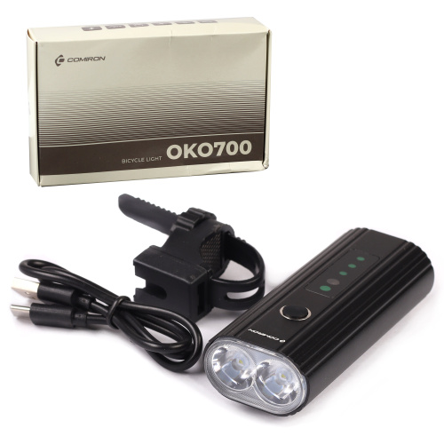 Фонарь передний COMIRON "OKO700" корпус: авиационный алюминий 6063, IP67; свет: 2 XPG, 700lm; аккум: 3.7V 4000 mAh, USB; POWER BANK. /уп 50/