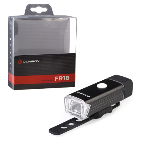 Фонарь передний COMIRON "FR18" корпус: алюминий +ABS свет CREE XPG LED 350m; аккум: 3.7V 2000 mAh USB влагозащищённый, индикация заряда /уп 120/