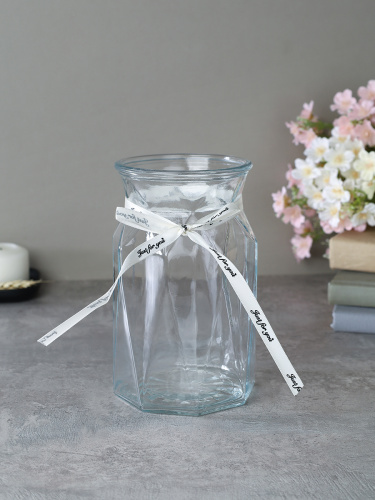 Ваза для цветов 18 см прозрачная с лентой / WRD-145 /уп 30/ без и/уп