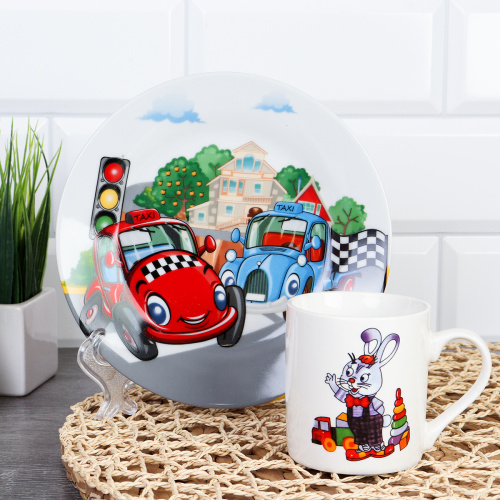 Набор посуды 2 предмета Машинки с зайчиком / C880#/DV-748