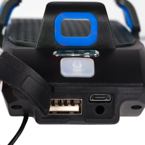 Фонарь передний COMIRON "HOLDER" ABS, IPX5; 3*T6 LED, 400lm; 4800mAh USB индикатор заряда POWER BANK сигнал 130Дб крепление смартфона синий /уп 20/80/