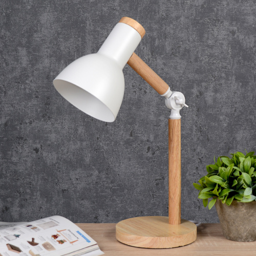 Настольный светильник Белый плафон Деревянное основание E27 /Размер: 220мм*450мм С лампой светодиодной 6Вт Три режима тёплый-нейтральный-холод /уп 10/