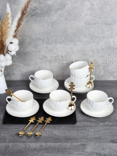 Чайный набор 12 предметов 230 мл / GC55-12G 230 /уп 8/ костяной фарфор с ложками Пряник золото