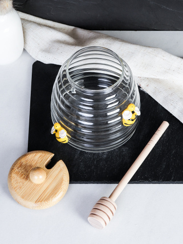 Банка для меда с ложкой на подставке бамбуковая крышка 500 мл Пчелка / 9664 /уп 100/*