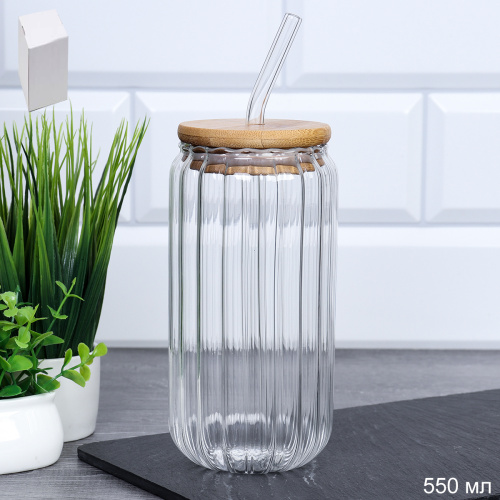 Стакан для смузи с трубочкой бамбуковая крышка 550 мл / LCWB10219 /уп 90/*Ц
